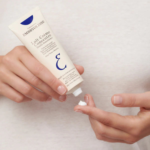 Embryolisse Lait-Crème Concentré in its signature white and blue tube. The multi-purpose moisturizer trusted by makeup artists worldwide.